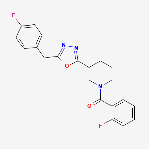 molecular formula C21H19F2N3O2 B2916702 (3-(5-(4-氟苄基)-1,3,4-恶二唑-2-基)哌啶-1-基)(2-氟苯基)甲酮 CAS No. 1172736-64-9