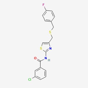 molecular formula C18H14ClFN2OS2 B2916710 3-chloro-N-(4-(((4-fluorobenzyl)thio)methyl)thiazol-2-yl)benzamide CAS No. 955856-37-8