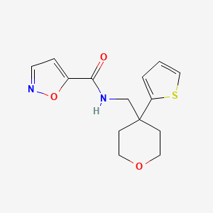 molecular formula C14H16N2O3S B2916722 N-((4-(thiophen-2-yl)tetrahydro-2H-pyran-4-yl)methyl)isoxazole-5-carboxamide CAS No. 1210221-95-6