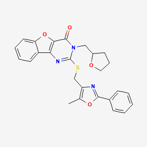 molecular formula C26H23N3O4S B2916737 2-(((5-methyl-2-phenyloxazol-4-yl)methyl)thio)-3-((tetrahydrofuran-2-yl)methyl)benzofuro[3,2-d]pyrimidin-4(3H)-one CAS No. 1031988-81-4