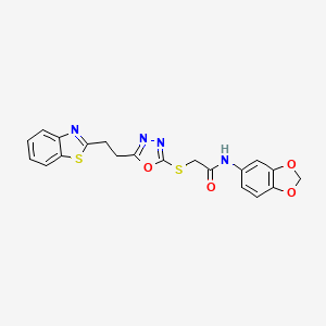 molecular formula C20H16N4O4S2 B2916775 N-(苯并[d][1,3]二氧杂环-5-基)-2-((5-(2-(苯并[d]噻唑-2-基)乙基)-1,3,4-恶二唑-2-基)硫代)乙酰胺 CAS No. 1251563-16-2