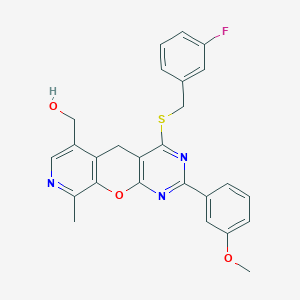 molecular formula C26H22FN3O3S B2916783 (4-((3-fluorobenzyl)thio)-2-(3-methoxyphenyl)-9-methyl-5H-pyrido[4',3':5,6]pyrano[2,3-d]pyrimidin-6-yl)methanol CAS No. 892279-72-0