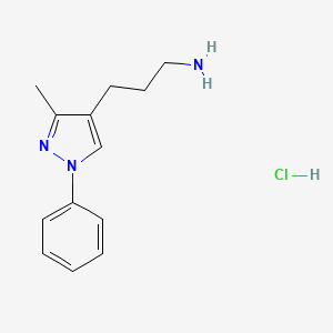 molecular formula C13H18ClN3 B2916847 3-(3-methyl-1-phenyl-1H-pyrazol-4-yl)propan-1-amine hydrochloride CAS No. 1170012-00-6