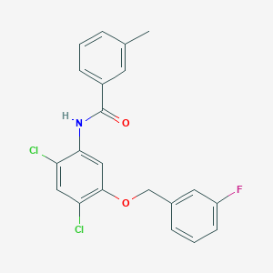 molecular formula C21H16Cl2FNO2 B2916852 N-{2,4-dichloro-5-[(3-fluorobenzyl)oxy]phenyl}-3-methylbenzenecarboxamide CAS No. 866039-27-2