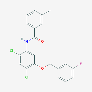 molecular formula C21H16Cl2FNO2 B2916852 N-{2,4-二氯-5-[(3-氟苄基)氧基]苯基}-3-甲基苯甲酰胺 CAS No. 866039-27-2