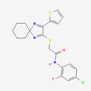 molecular formula C20H19ClFN3OS2 B2916871 N-(4-氯-2-氟苯基)-2-((3-(噻吩-2-基)-1,4-二氮杂螺[4.5]癸-1,3-二烯-2-基)硫代)乙酰胺 CAS No. 1224005-21-3