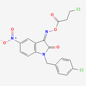 molecular formula C18H13Cl2N3O5 B2916926 [(Z)-[1-[(4-氯苯基)甲基]-5-硝基-2-氧代吲哚-3-亚胺]氨基] 3-氯丙酸酯 CAS No. 303998-50-7