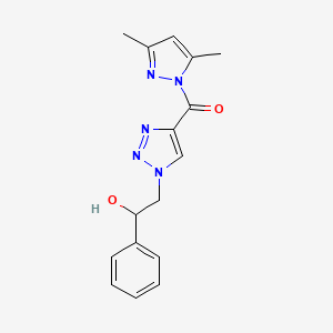 molecular formula C16H17N5O2 B2916959 2-{4-[(3,5-dimethyl-1H-pyrazol-1-yl)carbonyl]-1H-1,2,3-triazol-1-yl}-1-phenylethanol CAS No. 2109561-42-2