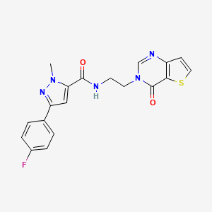 molecular formula C19H16FN5O2S B2916967 3-(4-fluorophenyl)-1-methyl-N-(2-(4-oxothieno[3,2-d]pyrimidin-3(4H)-yl)ethyl)-1H-pyrazole-5-carboxamide CAS No. 2034272-57-4