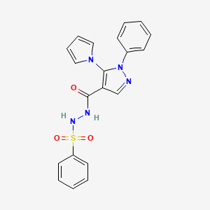 molecular formula C20H17N5O3S B2916979 N'-{[1-phenyl-5-(1H-pyrrol-1-yl)-1H-pyrazol-4-yl]carbonyl}benzenesulfonohydrazide CAS No. 477709-83-4