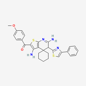 molecular formula C29H28N4O2S2 B2917006 [3,6-diamino-5-(4-phenyl-1,3-thiazol-2-yl)spiro[5H-thieno[2,3-b]pyridine-4,1'-cyclohexane]-2-yl]-(4-methoxyphenyl)methanone CAS No. 402954-26-1