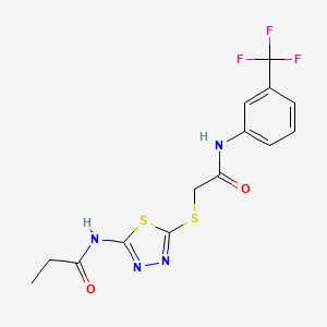 molecular formula C14H13F3N4O2S2 B2917007 N-[5-[2-氧代-2-[3-(三氟甲基)苯胺]乙基]硫代-1,3,4-噻二唑-2-基]丙酰胺 CAS No. 836677-36-2