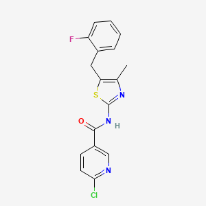 molecular formula C17H13ClFN3OS B2917011 6-chloro-N-[5-[(2-fluorophenyl)methyl]-4-methyl-1,3-thiazol-2-yl]pyridine-3-carboxamide CAS No. 1365627-91-3