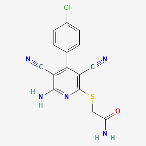 molecular formula C15H10ClN5OS B2917061 2-((6-Amino-4-(4-chlorophenyl)-3,5-dicyanopyridin-2-yl)thio)acetamide CAS No. 333960-26-2