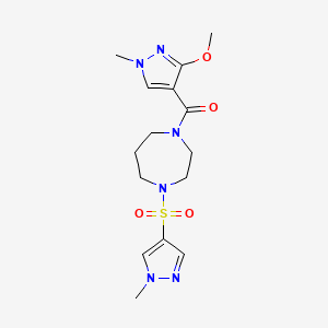 molecular formula C15H22N6O4S B2917073 (3-methoxy-1-methyl-1H-pyrazol-4-yl)(4-((1-methyl-1H-pyrazol-4-yl)sulfonyl)-1,4-diazepan-1-yl)methanone CAS No. 2034245-10-6