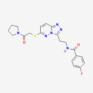 molecular formula C20H21FN6O2S B2917161 4-氟-N-(2-(6-((2-氧代-2-(吡咯烷-1-基)乙基)硫代)-[1,2,4]三唑并[4,3-b]哒嗪-3-基)乙基)苯甲酰胺 CAS No. 897619-56-6