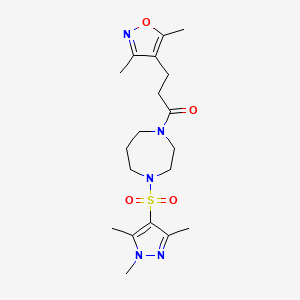 molecular formula C19H29N5O4S B2917178 3-(3,5-dimethylisoxazol-4-yl)-1-(4-((1,3,5-trimethyl-1H-pyrazol-4-yl)sulfonyl)-1,4-diazepan-1-yl)propan-1-one CAS No. 1903718-37-5