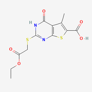 molecular formula C12H12N2O5S2 B2917232 2-(2-ethoxy-2-oxoethyl)sulfanyl-5-methyl-4-oxo-3H-thieno[2,3-d]pyrimidine-6-carboxylic acid CAS No. 830344-20-2