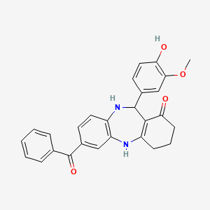 molecular formula C27H24N2O4 B2917233 11-(4-hydroxy-3-methoxyphenyl)-7-(phenylcarbonyl)-2,3,4,5,10,11-hexahydro-1H-dibenzo[b,e][1,4]diazepin-1-one CAS No. 297160-47-5
