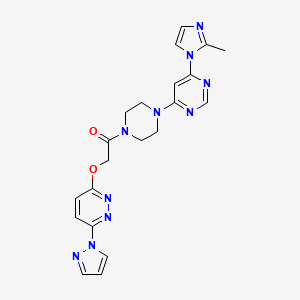 molecular formula C21H22N10O2 B2917283 2-((6-(1H-pyrazol-1-yl)pyridazin-3-yl)oxy)-1-(4-(6-(2-methyl-1H-imidazol-1-yl)pyrimidin-4-yl)piperazin-1-yl)ethanone CAS No. 1428373-15-2