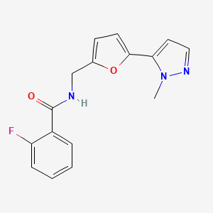 molecular formula C16H14FN3O2 B2917285 2-Fluoro-N-[[5-(2-methylpyrazol-3-yl)furan-2-yl]methyl]benzamide CAS No. 2415519-16-1