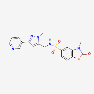 molecular formula C18H17N5O4S B2917287 3-甲基-N-((1-甲基-3-(吡啶-3-基)-1H-吡唑-5-基)甲基)-2-氧代-2,3-二氢苯并[d]恶唑-5-磺酰胺 CAS No. 2034511-62-9