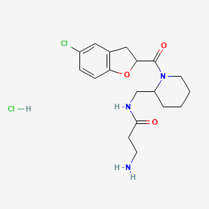molecular formula C18H25Cl2N3O3 B2917318 3-Amino-N-[[1-(5-chloro-2,3-dihydro-1-benzofuran-2-carbonyl)piperidin-2-yl]methyl]propanamide;hydrochloride CAS No. 1834153-94-4