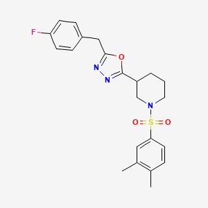molecular formula C22H24FN3O3S B2917363 2-(1-((3,4-Dimethylphenyl)sulfonyl)piperidin-3-yl)-5-(4-fluorobenzyl)-1,3,4-oxadiazole CAS No. 1172029-43-4