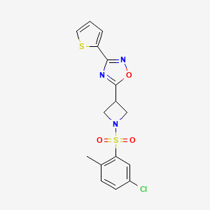 molecular formula C16H14ClN3O3S2 B2917434 5-(1-((5-Chloro-2-methylphenyl)sulfonyl)azetidin-3-yl)-3-(thiophen-2-yl)-1,2,4-oxadiazole CAS No. 1327231-73-1