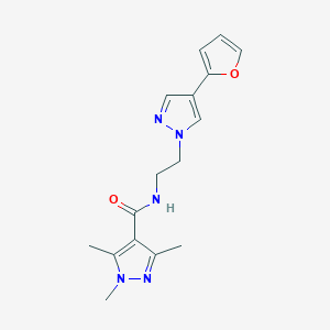 molecular formula C16H19N5O2 B2917537 N-(2-(4-(furan-2-yl)-1H-pyrazol-1-yl)ethyl)-1,3,5-trimethyl-1H-pyrazole-4-carboxamide CAS No. 2034512-51-9