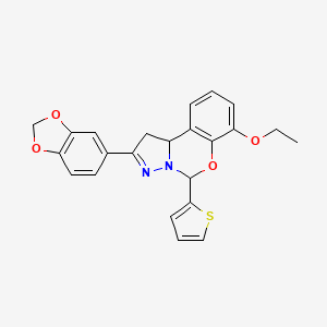 molecular formula C23H20N2O4S B2917587 2-(benzo[d][1,3]dioxol-5-yl)-7-ethoxy-5-(thiophen-2-yl)-5,10b-dihydro-1H-benzo[e]pyrazolo[1,5-c][1,3]oxazine CAS No. 900003-57-8