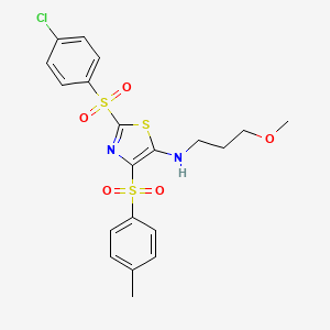molecular formula C20H21ClN2O5S3 B2917627 2-((4-chlorophenyl)sulfonyl)-N-(3-methoxypropyl)-4-tosylthiazol-5-amine CAS No. 868214-04-4