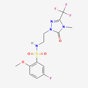 molecular formula C13H14F4N4O4S B2917686 5-fluoro-2-methoxy-N-(2-(4-methyl-5-oxo-3-(trifluoromethyl)-4,5-dihydro-1H-1,2,4-triazol-1-yl)ethyl)benzenesulfonamide CAS No. 1421476-37-0