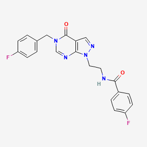 molecular formula C21H17F2N5O2 B2917771 4-fluoro-N-(2-(5-(4-fluorobenzyl)-4-oxo-4,5-dihydro-1H-pyrazolo[3,4-d]pyrimidin-1-yl)ethyl)benzamide CAS No. 922137-89-1