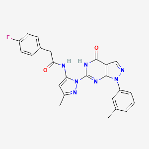 molecular formula C24H20FN7O2 B2917805 2-(4-氟苯基)-N-(3-甲基-1-(4-氧代-1-(间甲苯基)-4,5-二氢-1H-吡唑并[3,4-d]嘧啶-6-基)-1H-吡唑-5-基)乙酰胺 CAS No. 1172715-31-9