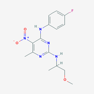 molecular formula C15H18FN5O3 B2917844 N4-(4-fluorophenyl)-N2-(1-methoxypropan-2-yl)-6-methyl-5-nitropyrimidine-2,4-diamine CAS No. 1203373-82-3