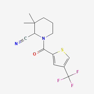 molecular formula C14H15F3N2OS B2917896 3,3-Dimethyl-1-[4-(trifluoromethyl)thiophene-2-carbonyl]piperidine-2-carbonitrile CAS No. 2400295-02-3