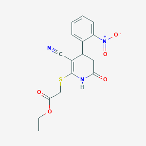 molecular formula C16H15N3O5S B2917929 Ethyl {[3-cyano-6-hydroxy-4-(2-nitrophenyl)-4,5-dihydropyridin-2-yl]sulfanyl}acetate CAS No. 364744-80-9