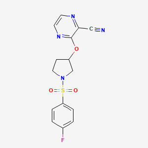 molecular formula C15H13FN4O3S B2918040 3-((1-((4-Fluorophenyl)sulfonyl)pyrrolidin-3-yl)oxy)pyrazine-2-carbonitrile CAS No. 2034576-77-5