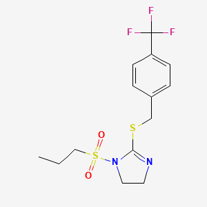molecular formula C14H17F3N2O2S2 B2918120 1-Propylsulfonyl-2-[[4-(trifluoromethyl)phenyl]methylsulfanyl]-4,5-dihydroimidazole CAS No. 868218-25-1