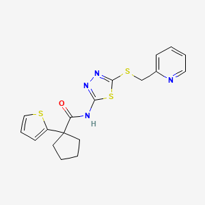 molecular formula C18H18N4OS3 B2918509 N-(5-((pyridin-2-ylmethyl)thio)-1,3,4-thiadiazol-2-yl)-1-(thiophen-2-yl)cyclopentanecarboxamide CAS No. 1351616-34-6