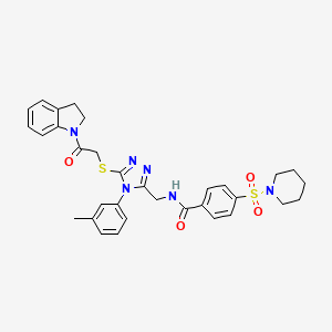 molecular formula C32H34N6O4S2 B2918528 N-((5-((2-(indolin-1-yl)-2-oxoethyl)thio)-4-(m-tolyl)-4H-1,2,4-triazol-3-yl)methyl)-4-(piperidin-1-ylsulfonyl)benzamide CAS No. 310449-66-2
