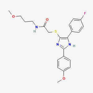 molecular formula C22H24FN3O3S B2918586 2-((5-(4-fluorophenyl)-2-(4-methoxyphenyl)-1H-imidazol-4-yl)thio)-N-(3-methoxypropyl)acetamide CAS No. 901241-40-5