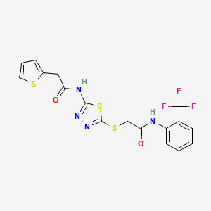 molecular formula C17H13F3N4O2S3 B2918699 N-[5-[2-oxo-2-[2-(trifluoromethyl)anilino]ethyl]sulfanyl-1,3,4-thiadiazol-2-yl]-2-thiophen-2-ylacetamide CAS No. 477212-74-1
