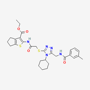 molecular formula C29H35N5O4S2 B2918738 ethyl 2-(2-((4-cyclohexyl-5-((3-methylbenzamido)methyl)-4H-1,2,4-triazol-3-yl)thio)acetamido)-5,6-dihydro-4H-cyclopenta[b]thiophene-3-carboxylate CAS No. 393804-08-5