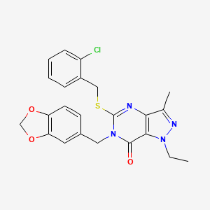 molecular formula C23H21ClN4O3S B2918760 6-(benzo[d][1,3]dioxol-5-ylmethyl)-5-((2-chlorobenzyl)thio)-1-ethyl-3-methyl-1H-pyrazolo[4,3-d]pyrimidin-7(6H)-one CAS No. 1359435-14-5
