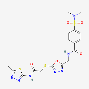 molecular formula C17H19N7O5S3 B2918764 4-(N,N-dimethylsulfamoyl)-N-((5-((2-((5-methyl-1,3,4-thiadiazol-2-yl)amino)-2-oxoethyl)thio)-1,3,4-oxadiazol-2-yl)methyl)benzamide CAS No. 872621-95-9