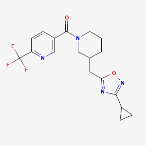 molecular formula C18H19F3N4O2 B2918862 (3-((3-Cyclopropyl-1,2,4-oxadiazol-5-yl)methyl)piperidin-1-yl)(6-(trifluoromethyl)pyridin-3-yl)methanone CAS No. 1705076-01-2