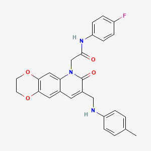 molecular formula C27H24FN3O4 B2918890 N-(4-fluorophenyl)-2-(8-{[(4-methylphenyl)amino]methyl}-7-oxo-2H,3H,6H,7H-[1,4]dioxino[2,3-g]quinolin-6-yl)acetamide CAS No. 894552-70-6