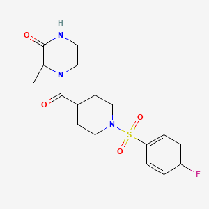 molecular formula C18H24FN3O4S B2918913 4-(1-((4-Fluorophenyl)sulfonyl)piperidine-4-carbonyl)-3,3-dimethylpiperazin-2-one CAS No. 946313-54-8